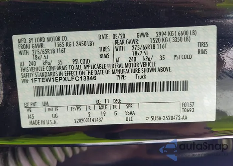 2020 Ford F-150 Xlt z USA, uszkodzony, nr VIN 1FTEW1EPXLFC13846